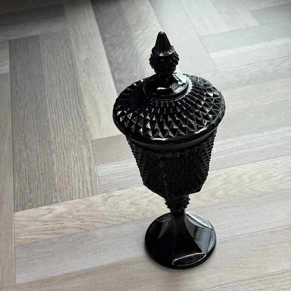 Indiana Glass Co. Other - Vintage Black Tiara Cameo Glass Pedestal Candy Dish with Lid Diamond Cut Pattern